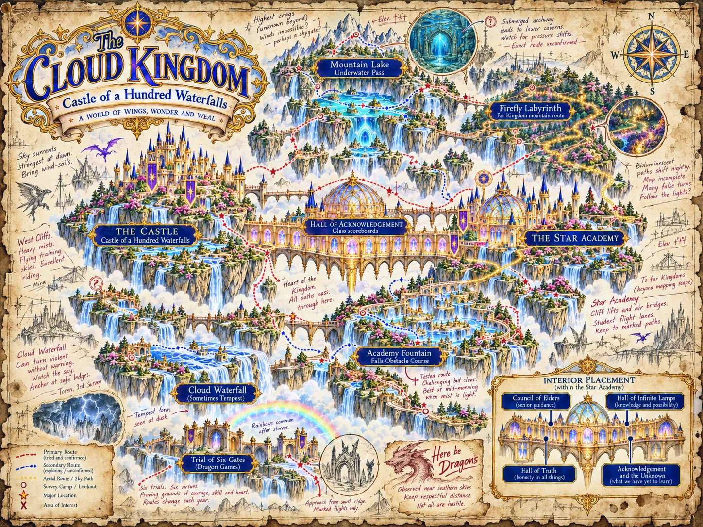 The explorer’s copy of the kingdom map, painted, with notes in red
