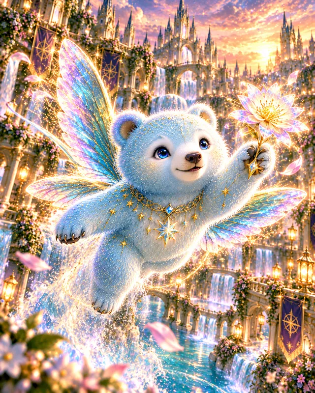 Humming bear sighting 1: Flying with a star flower held high.