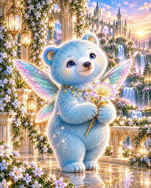 Humming bear sighting 4: Standing tall, a star flower in both paws.