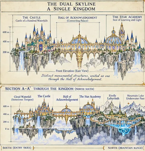 The Dual Skyline: the Castle, the Hall of Acknowledgement, and the Star Academy in elevation, and a section through the kingdom from south to north, in color