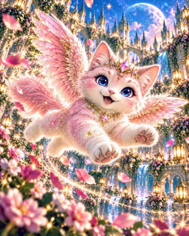 Winged cat sighting 3: A happy leap through a shower of petals.