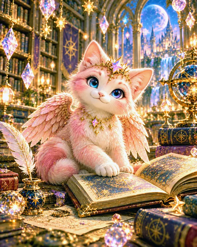 Winged cat sighting 5: Curled up on an open book in the Star Library.