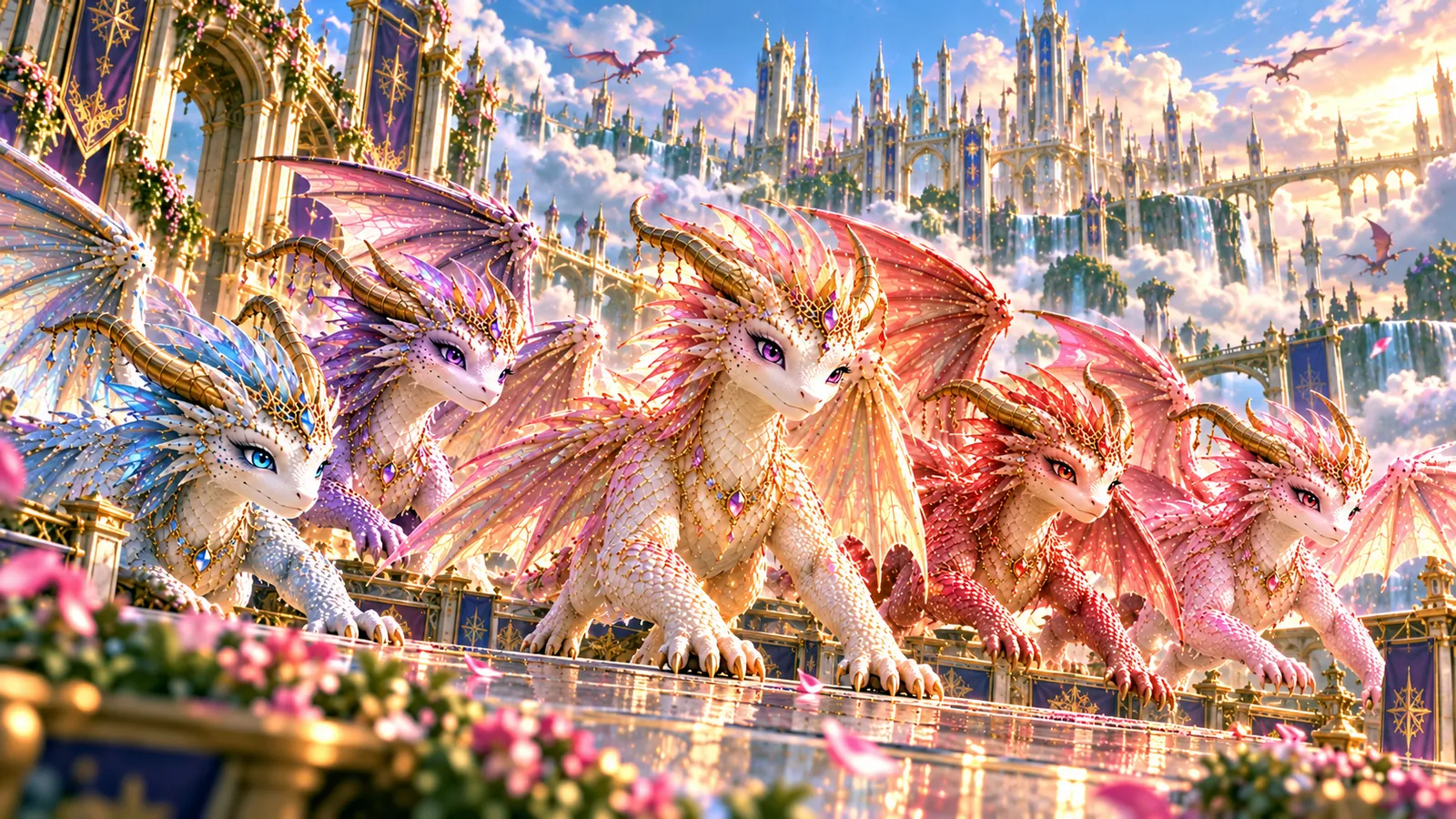 The five friends gathered on an Academy balcony above the waterfalls