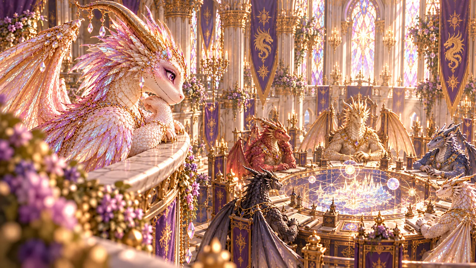 Aster watching from a balcony as the Council of Elders meets at the great round table
