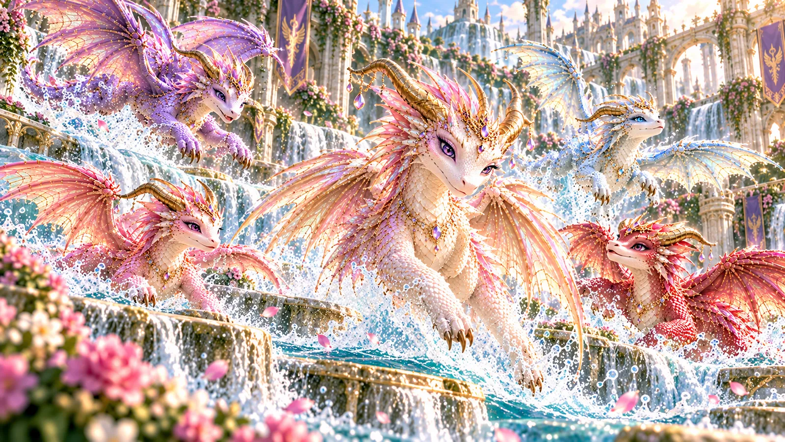 The five friends racing and splashing down the Academy falls