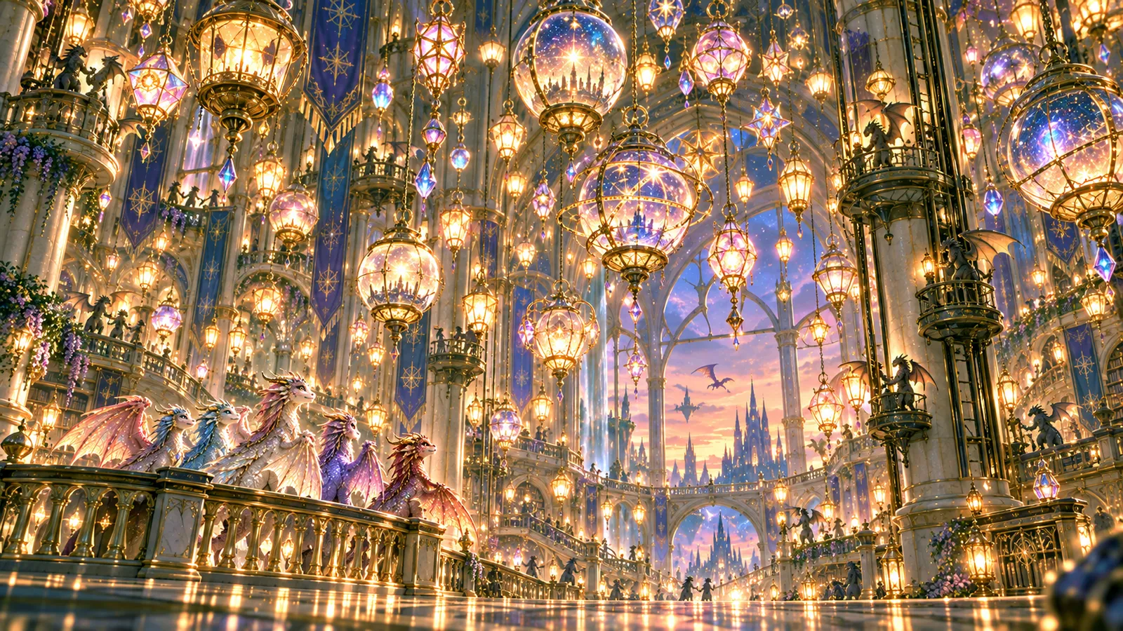 The Hall of Infinite Lamps glowing at dusk