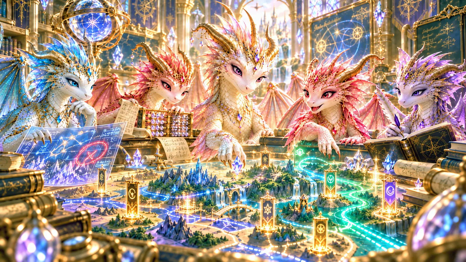 The five friends gathered around a glowing map table full of riddles