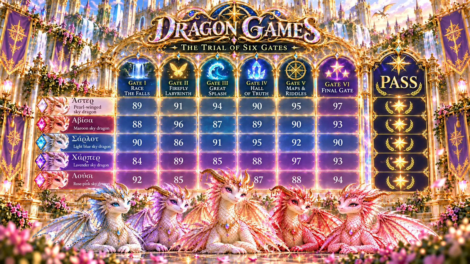 The Dragon Games scoreboard: Άστερ, Αβίσα, Σάρλοτ, Χάρπερ and Λούσι, with their scores at all six gates, and every one of them passing