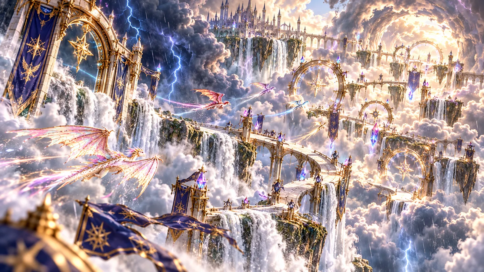 The Cloud Waterfall in a lightning tempest, with dragons flying through the storm