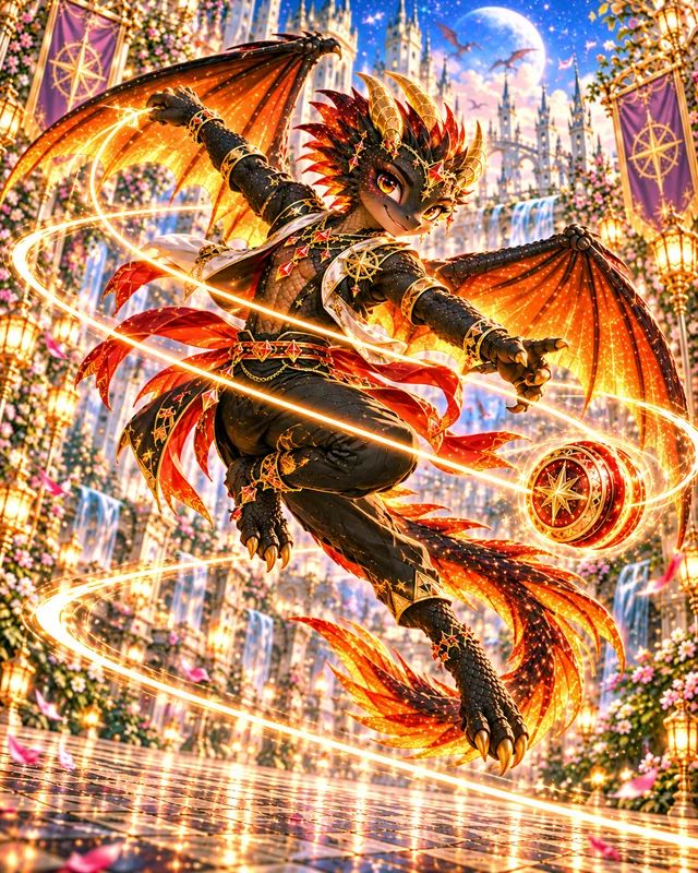 Ember dragon sighting 4: Mid-leap above the courtyard, the yo-yo still spinning.