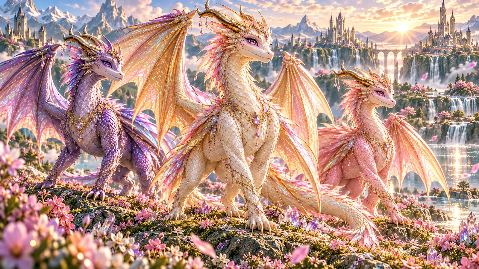 Χάρπερ, Aster and Λούσι standing together on a flowering hill at sunrise