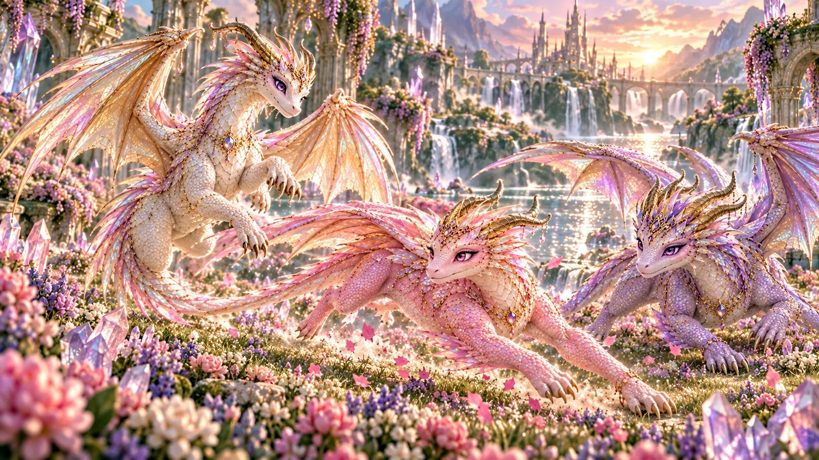The three friends chasing each other through a meadow of flowers and crystals