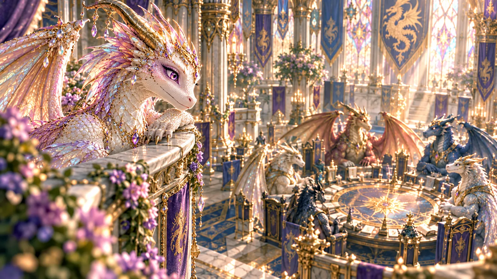 Aster peeking over a balcony at the council of elders around their great round table