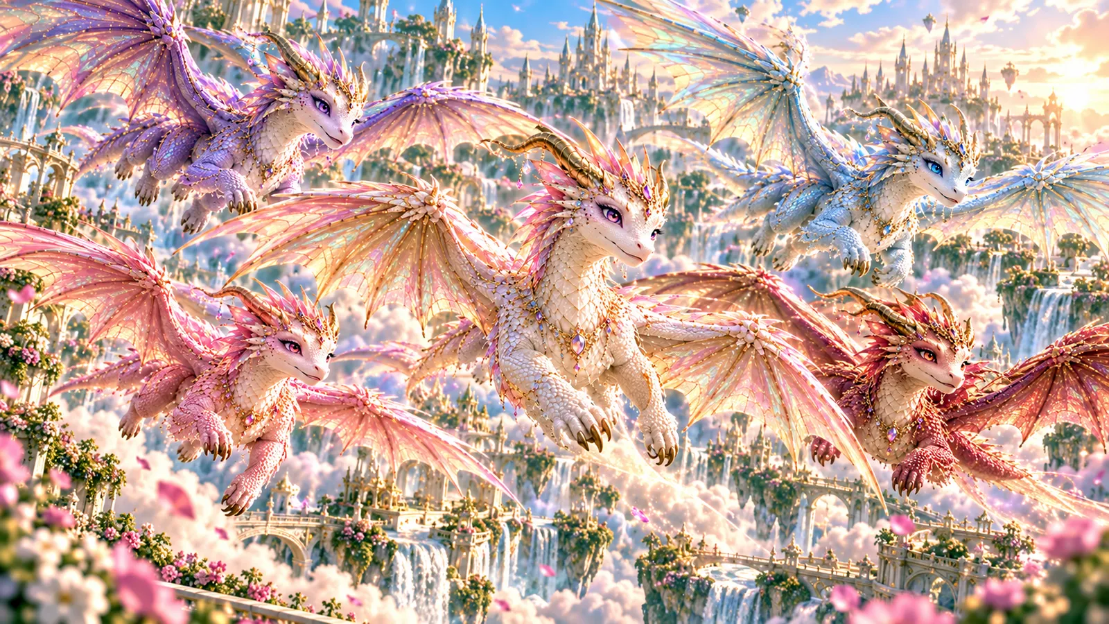 Χάρπερ, Λούσι, Aster, Σάρλοτ and Αβίσα flying together over the Cloud Kingdom