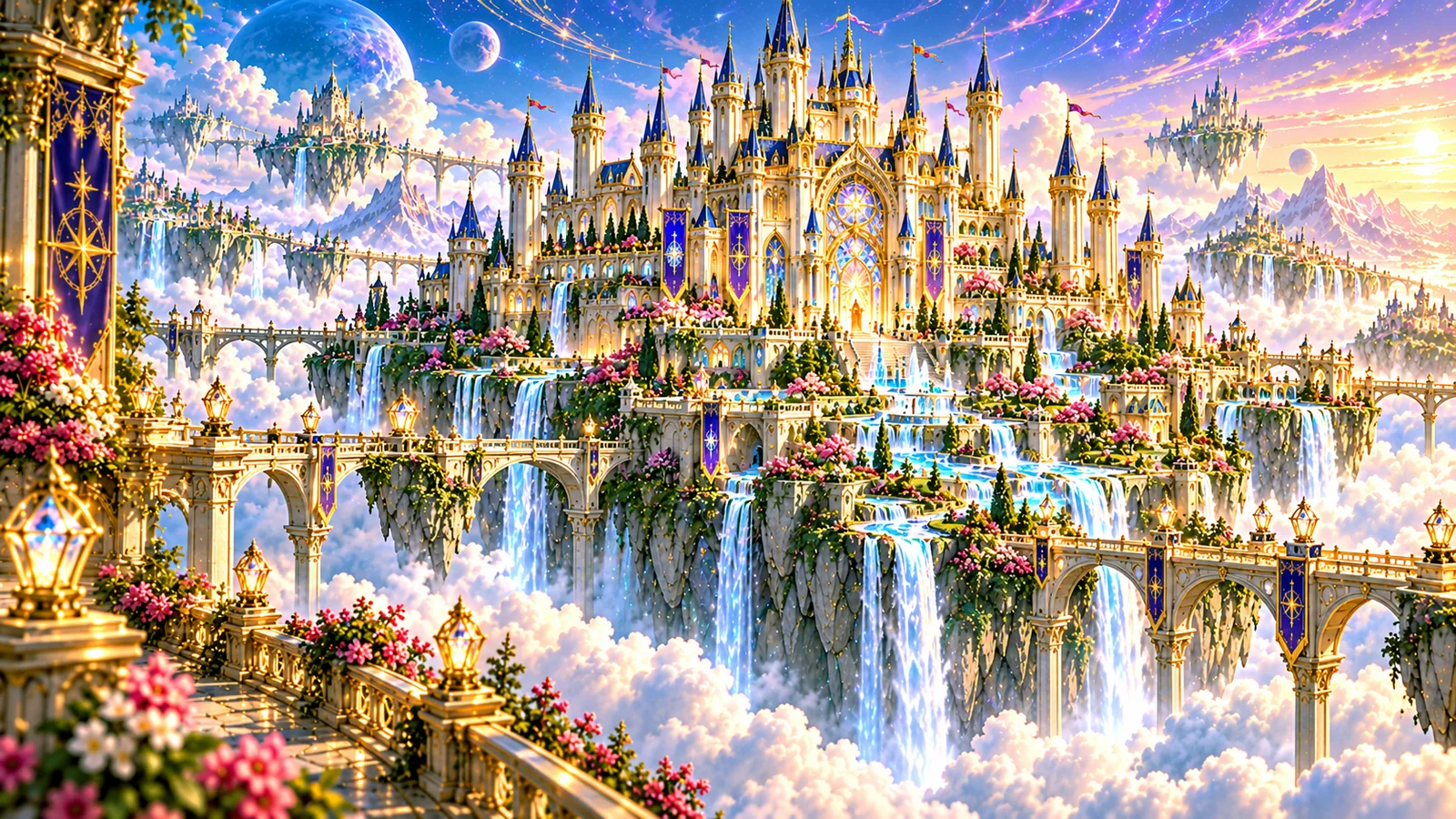The Castle of a Hundred Waterfalls on its island in the clouds