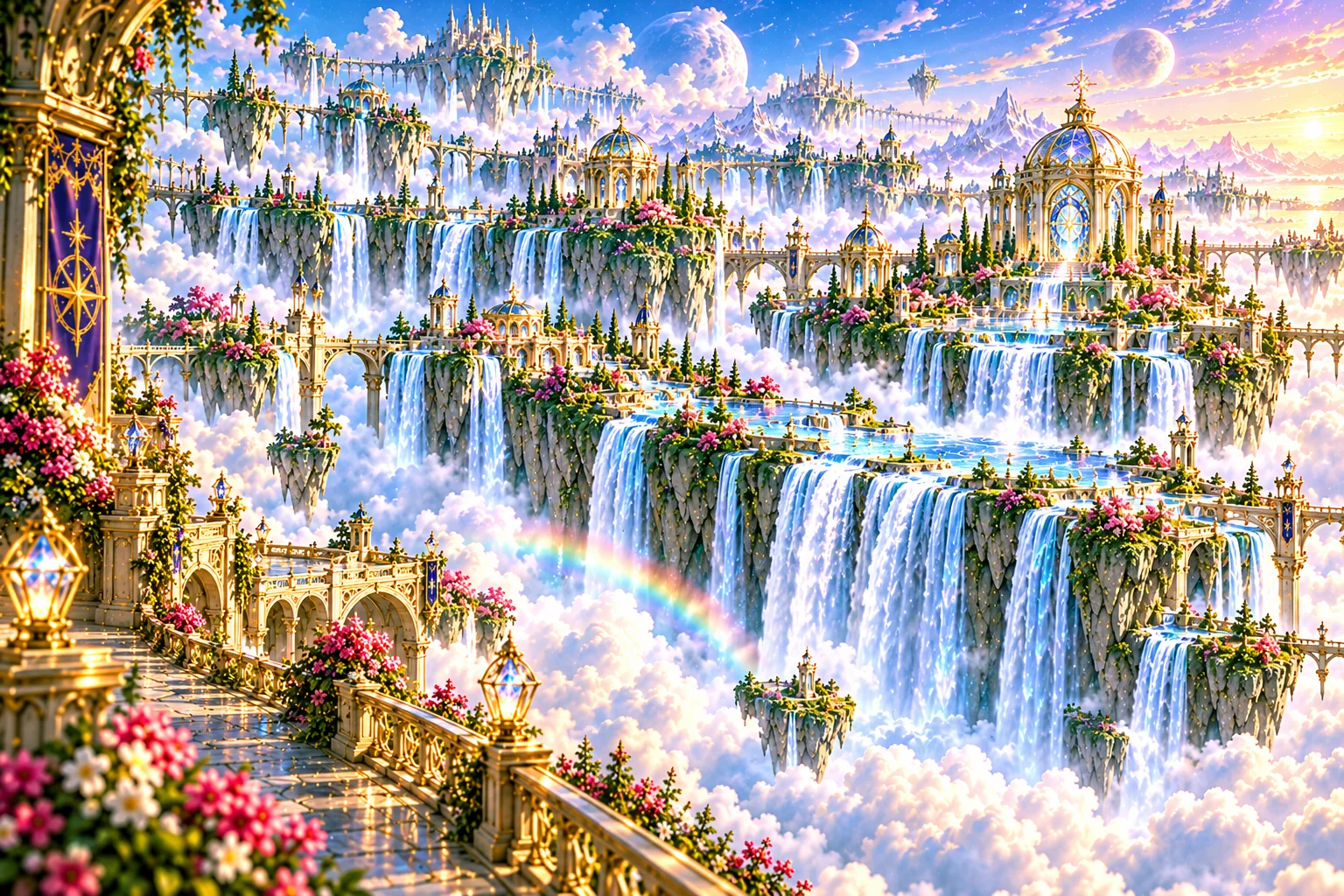 The Cloud Waterfall on a fair day, its falls pouring from the islands into a sea of cloud