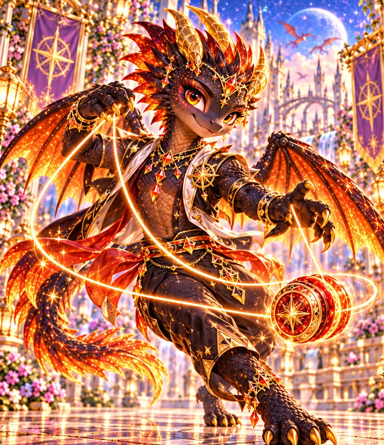 An ember dragon spinning a yo-yo on a fire string in the Courtyard of Stars