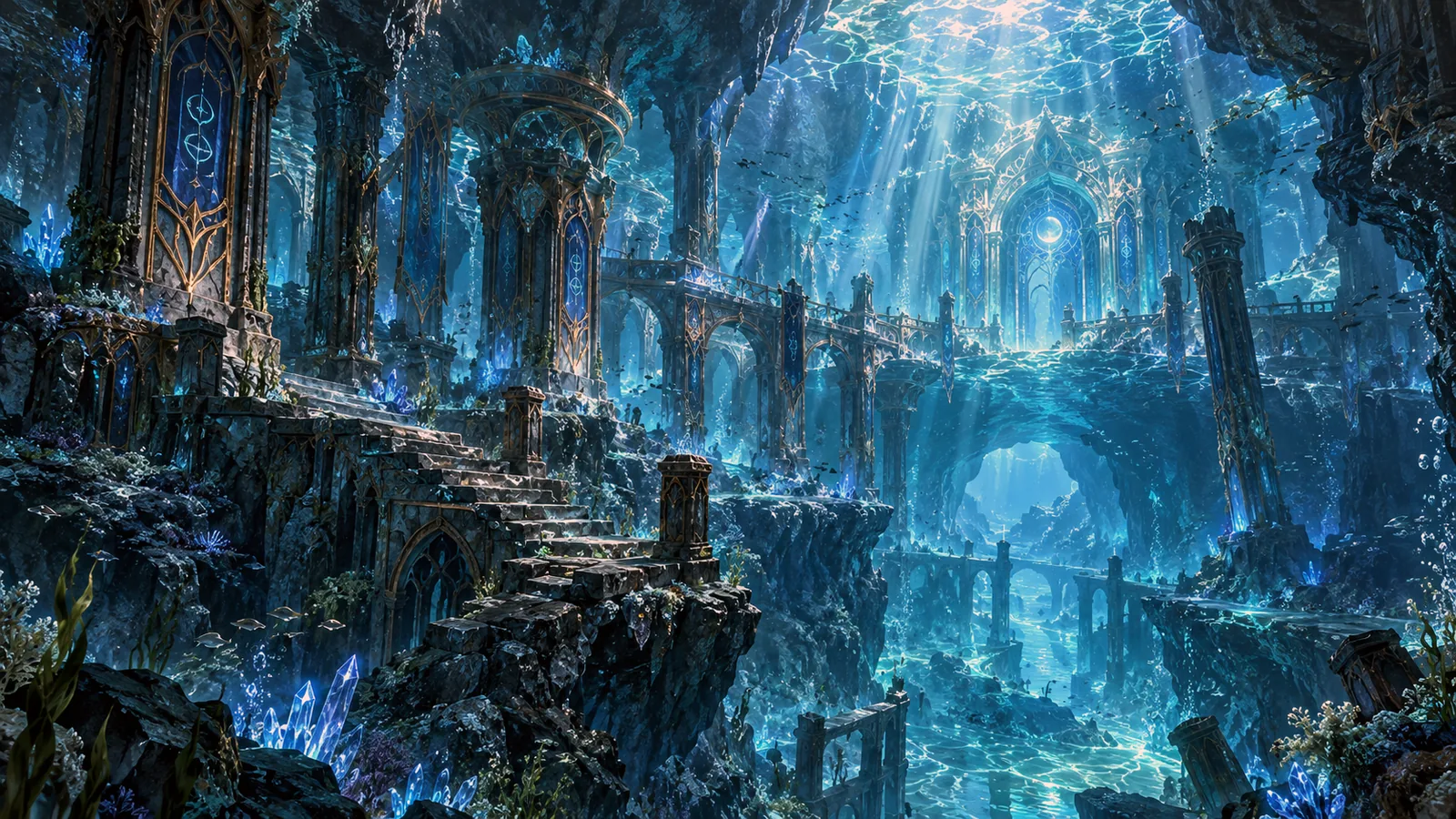 The Mountain Lake Underwater Pass, blue light falling through deep water onto ancient arches