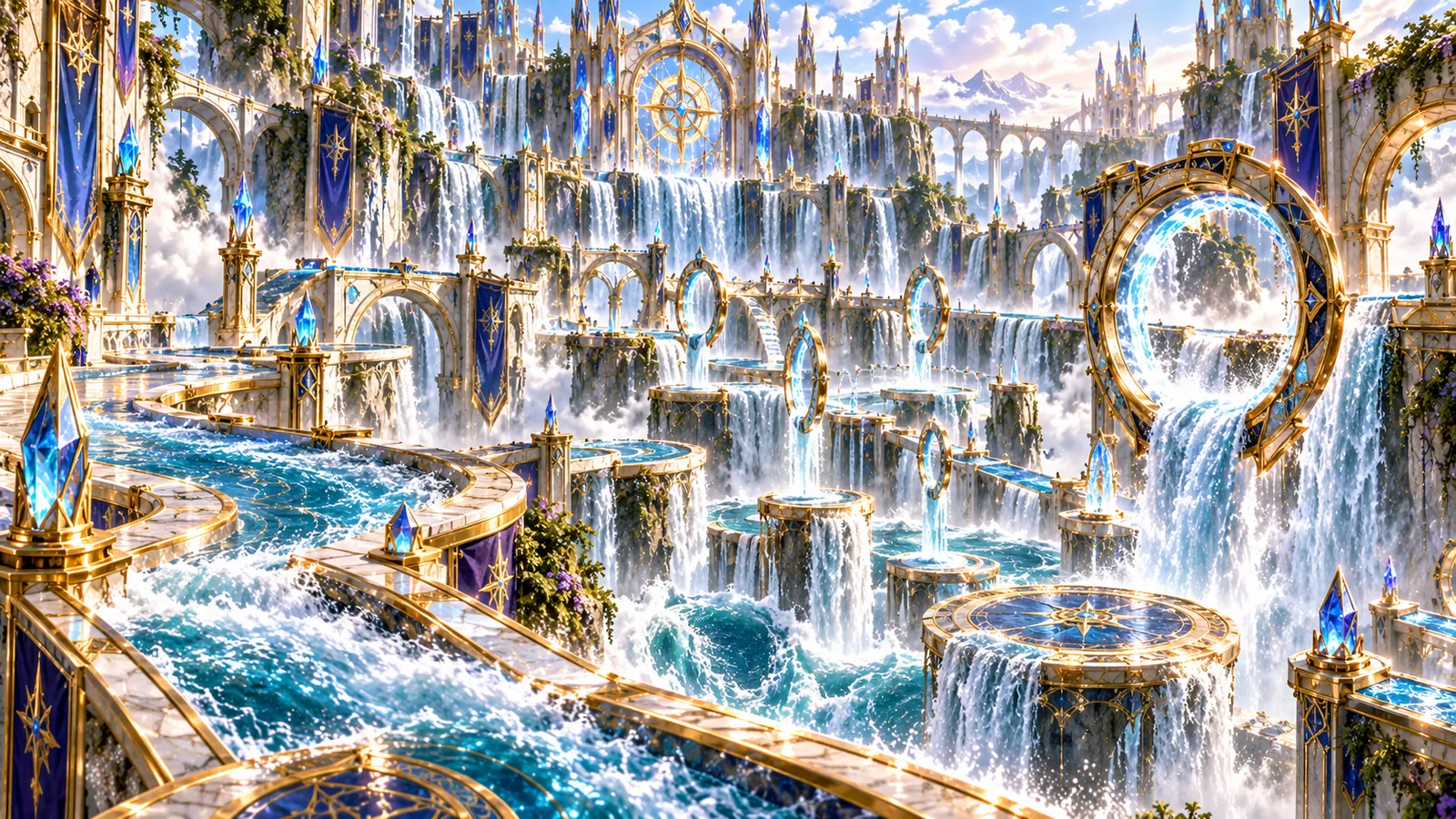 The obstacle course: rushing channels, stepping pillars, ring gates, and waterfalls dropping into cloud