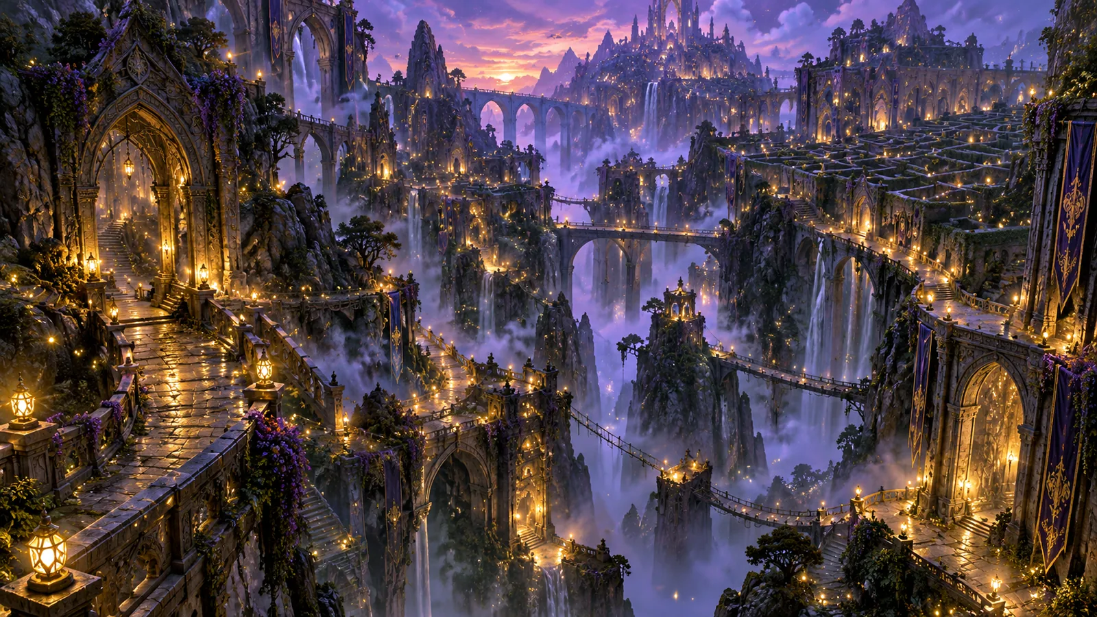 The Firefly Labyrinth at dusk, lantern-lit paths winding between dark cliffs