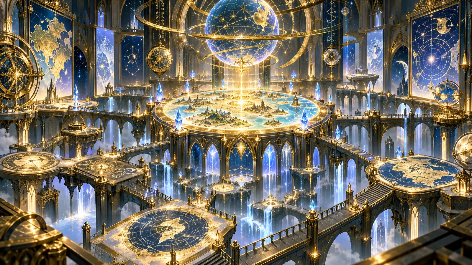 The Star Library map room: glowing map tables, a great globe, and star charts