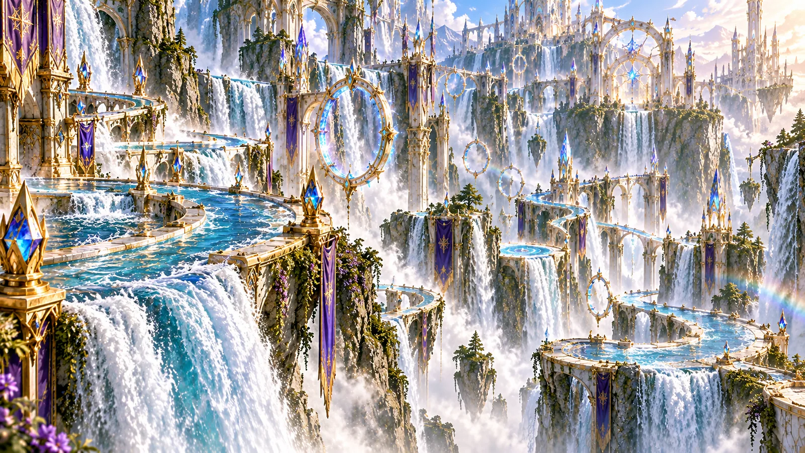 White water rushing through the golden channels below the fountain