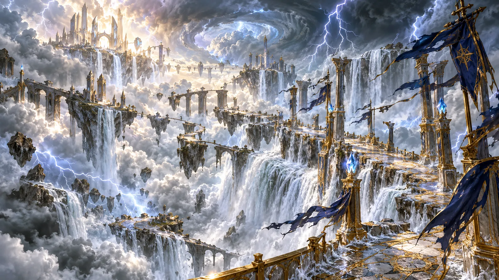 The Cloud Waterfall in a tempest, lightning splitting the clouds above the falls